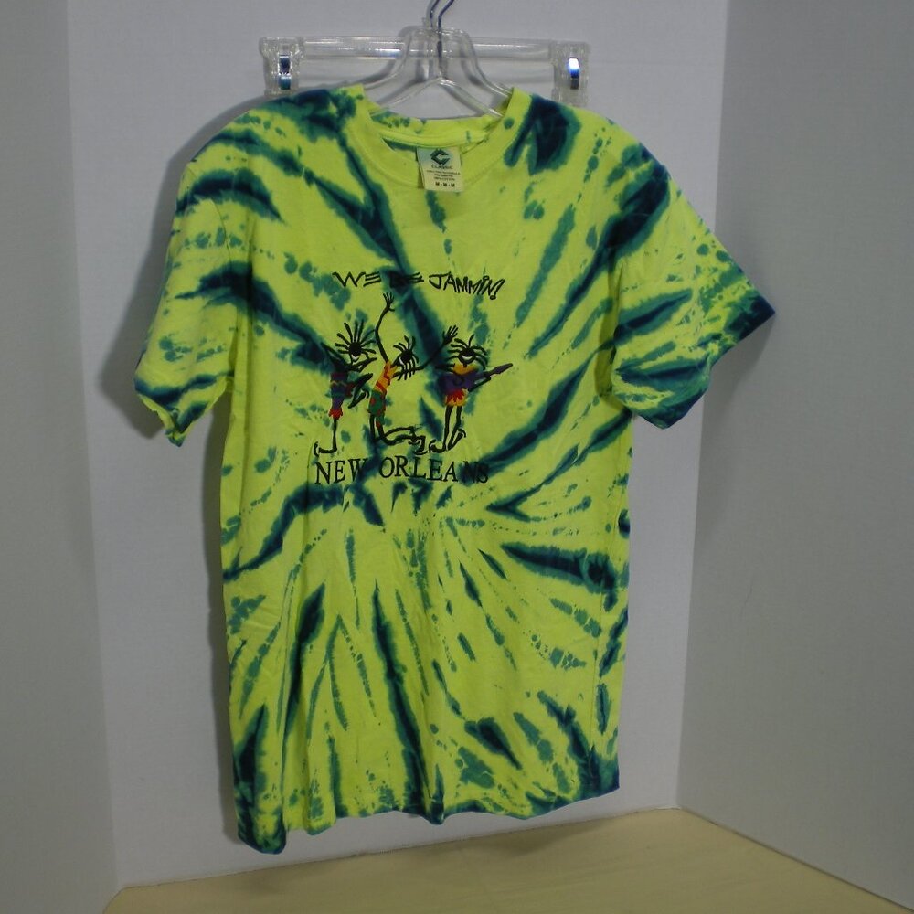 Tie-Dye Yellow and Blue "We Be Jammin" New Orleans Embroidered Tee Shirt, Size M